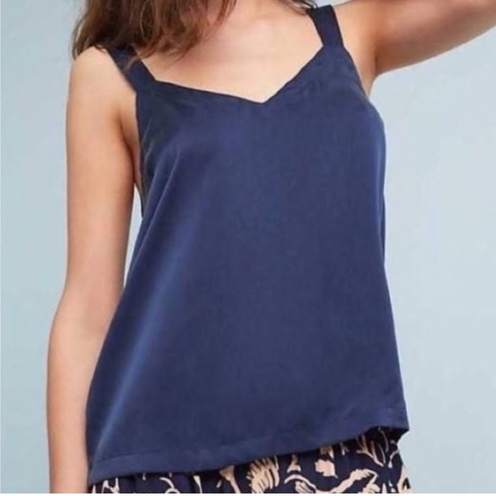 FLOREAT BY ANTHROPOLOGY Women's Navy Blue Sleeveless Top SZ XXS Detail l!